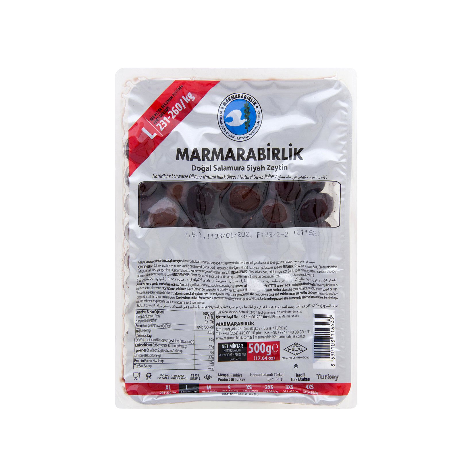 Marmarabirlik Hiper Zeytin 500 Gr 231-260 Ad/Kg